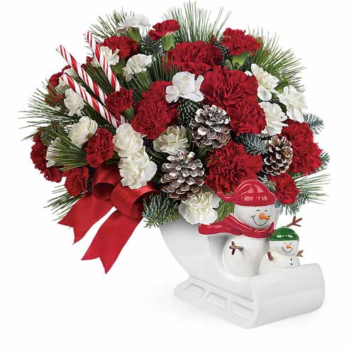 Red carnations snowman sleigh bouquet Christmas flowers gift delivery