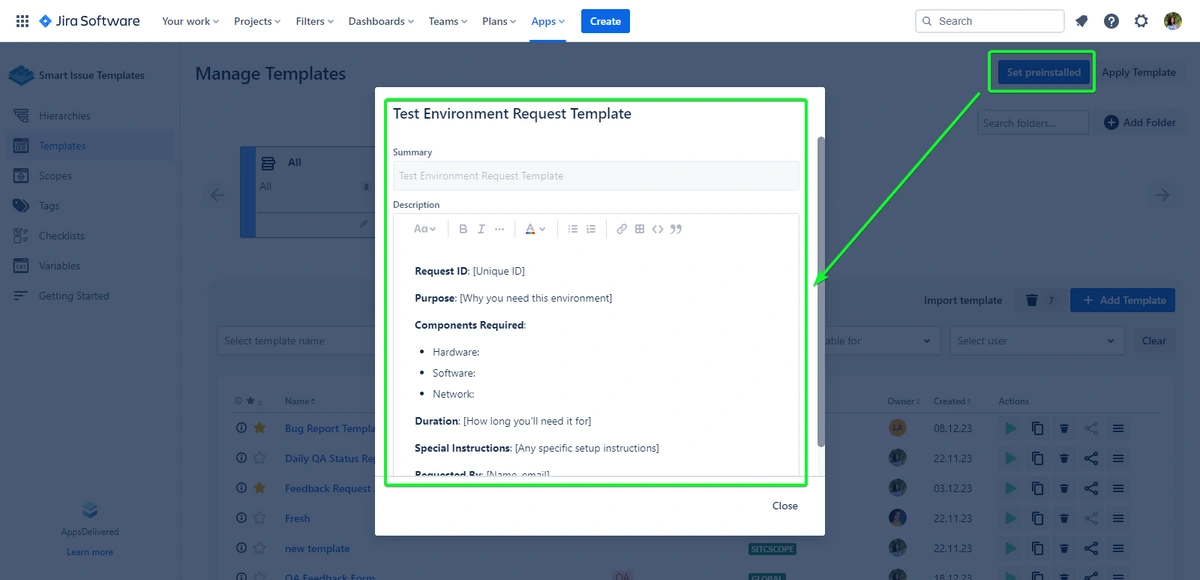 A template form within a project management application for requesting a test environment, outlining the purpose, components required, duration, and special instructions.