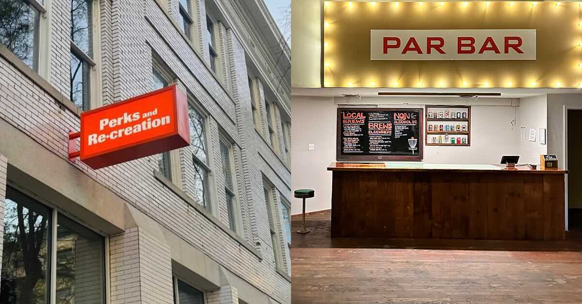 Two photos, one of a sign saying "Perks and Re-creation" outside a building and another of small bar with the sign "Par Bar" over it