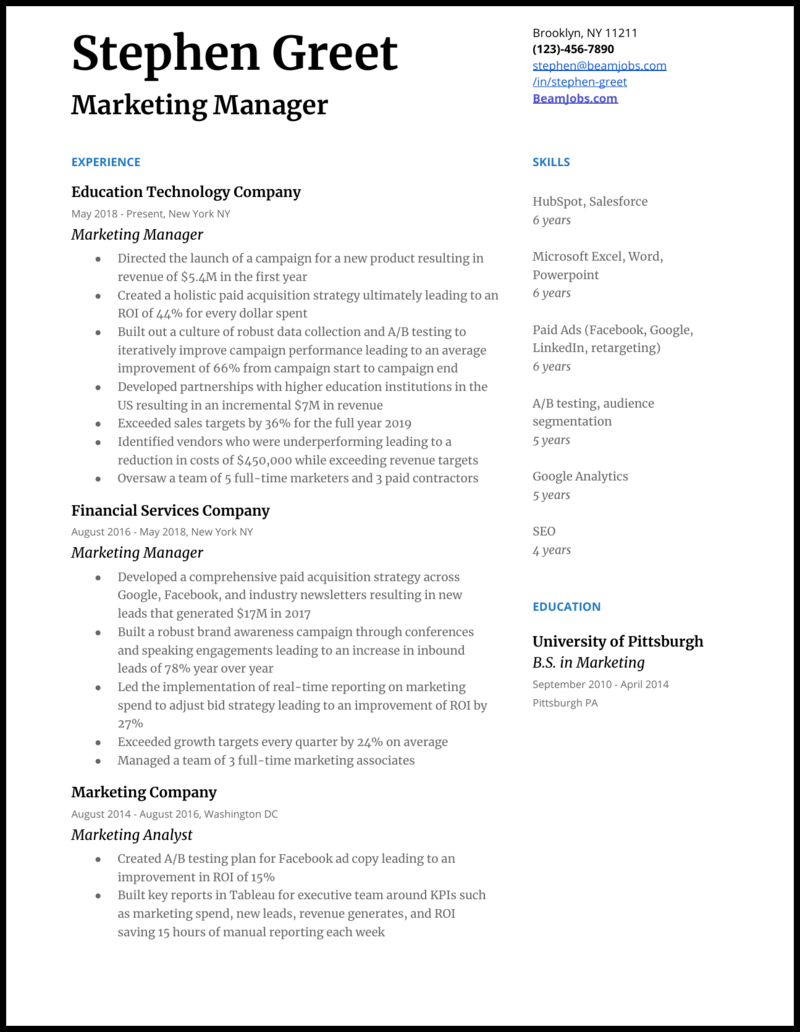 3 Marketing Manager Resume Examples For 2021