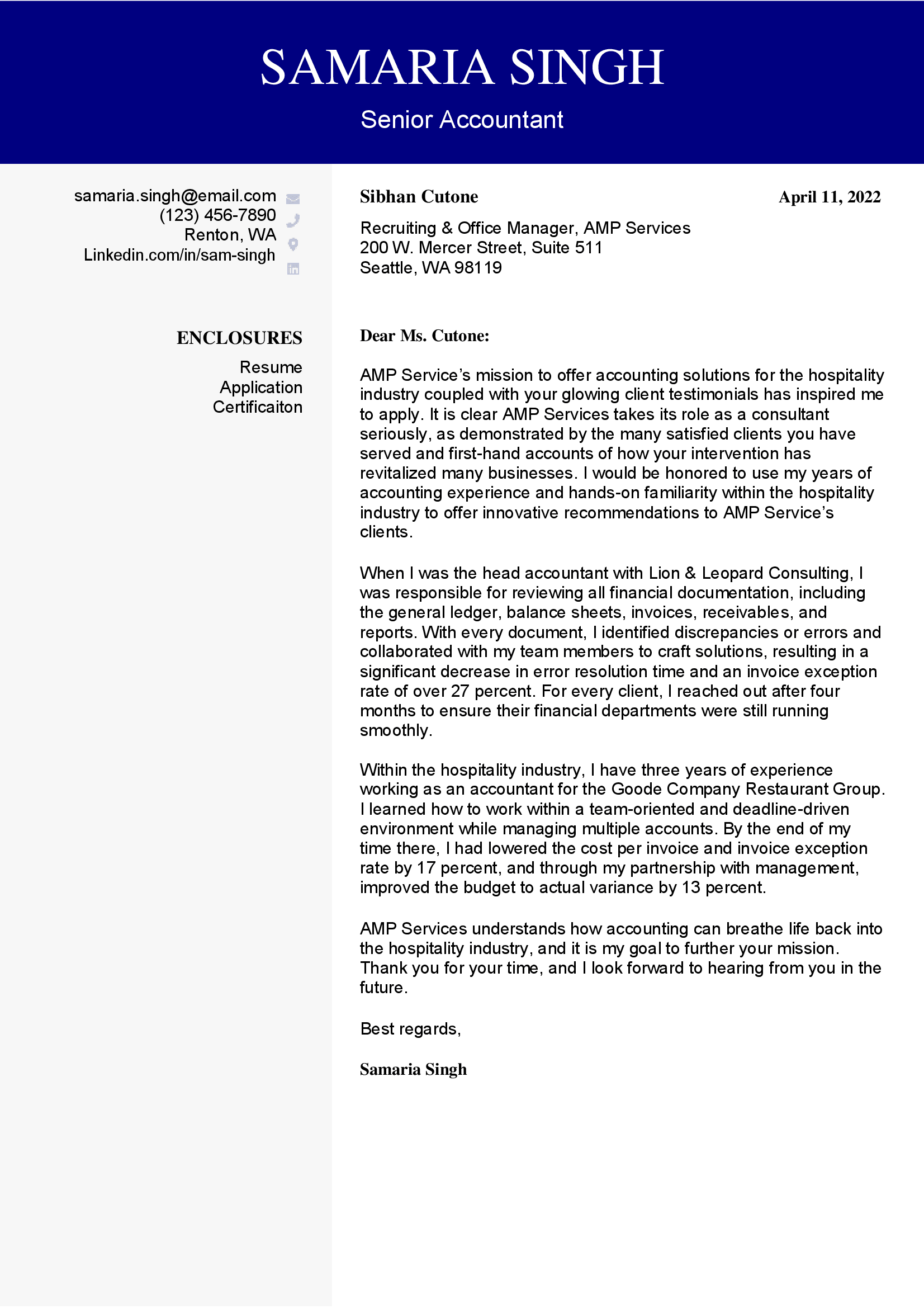 Senior accountant cover letter with blue contact header