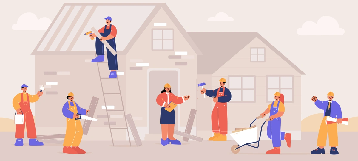 A colorful illustration featuring various workers involved in home construction and renovation activities, highlighting different trades like painting, carpentry, and masonry.
