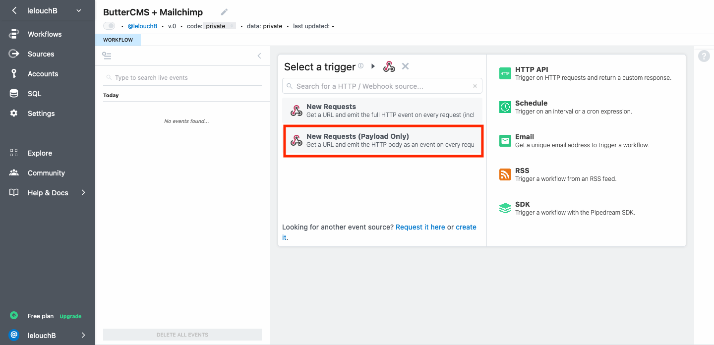 Screenshot: Pipedream new requests (payload only)