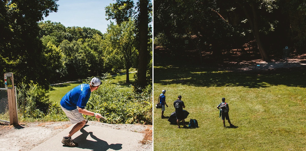 Left: A player throwing from a isc golf tee pad high above the fairway below. Right: A group playing disc golf as seen from above 