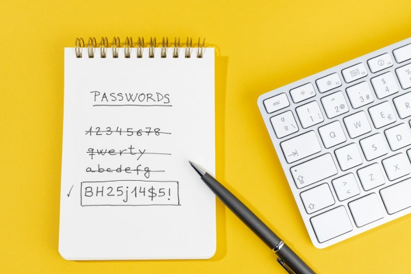 A notepad with PASSWORDS written at the top and three weak passwords crossed out and a strong password with a check at the bottom. There is a keyboard next to the pad of paper.