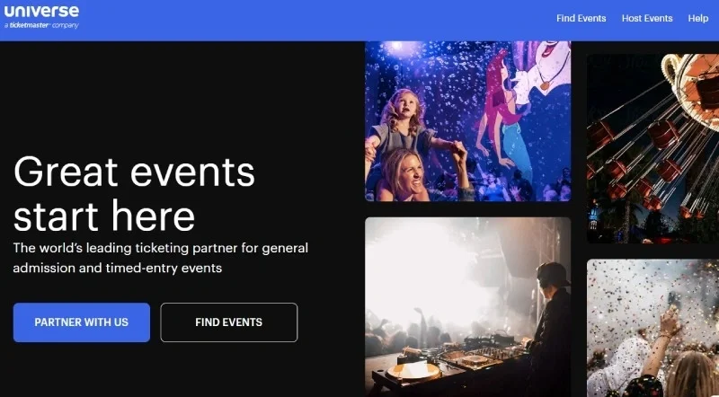 Universe ticketing platform homepage for general admission and timed entry events