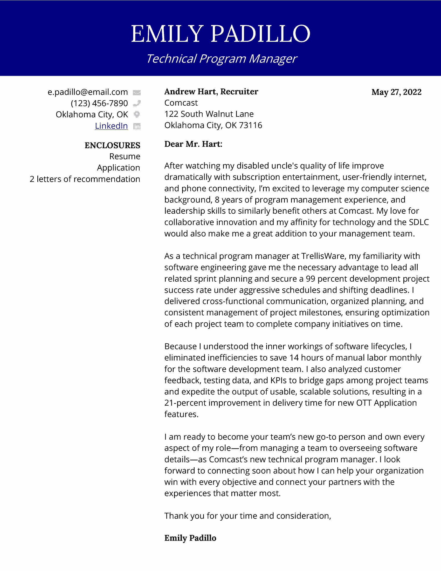 program management cover letter sample