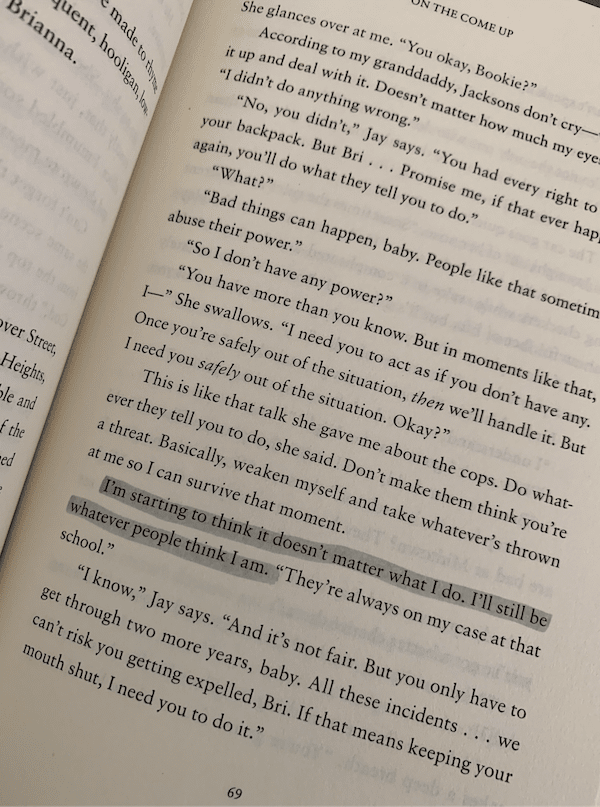 a page from On The Come Up by Angie Thomas