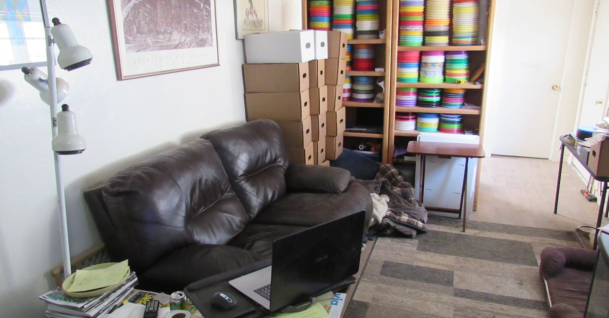A love seat in a living room with sheleves full of discs in the background