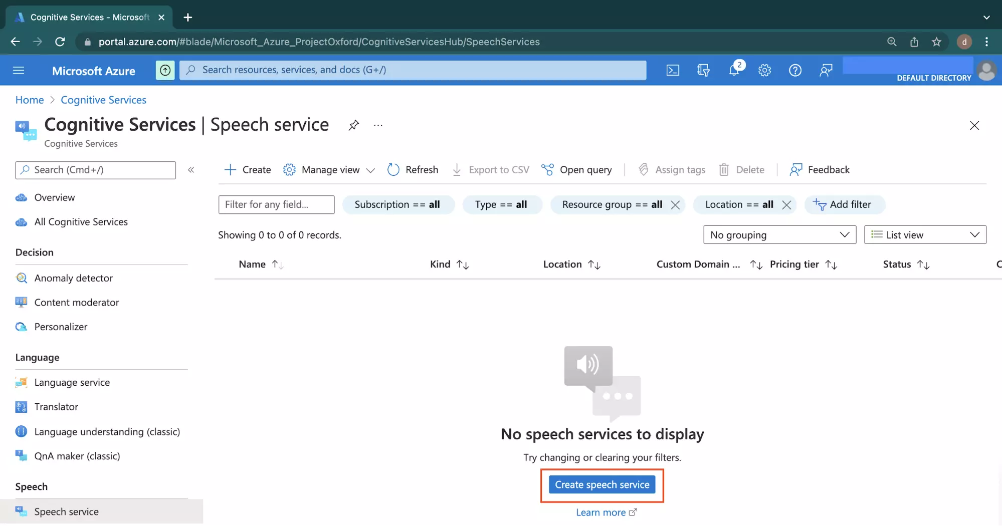 Screenshot of Microsoft Azure create speech service button