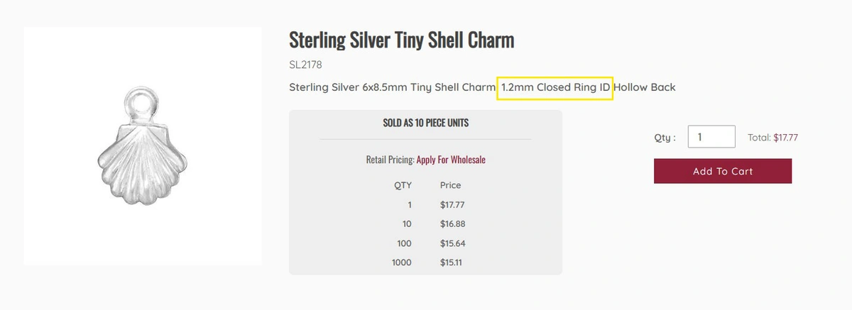 Screenshot of Halstead's website of product listing to highlight where to find the charm ring inner diameter