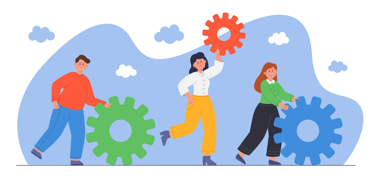 A colorful graphic showing three people each holding a gear, representing teamwork and collaboration.