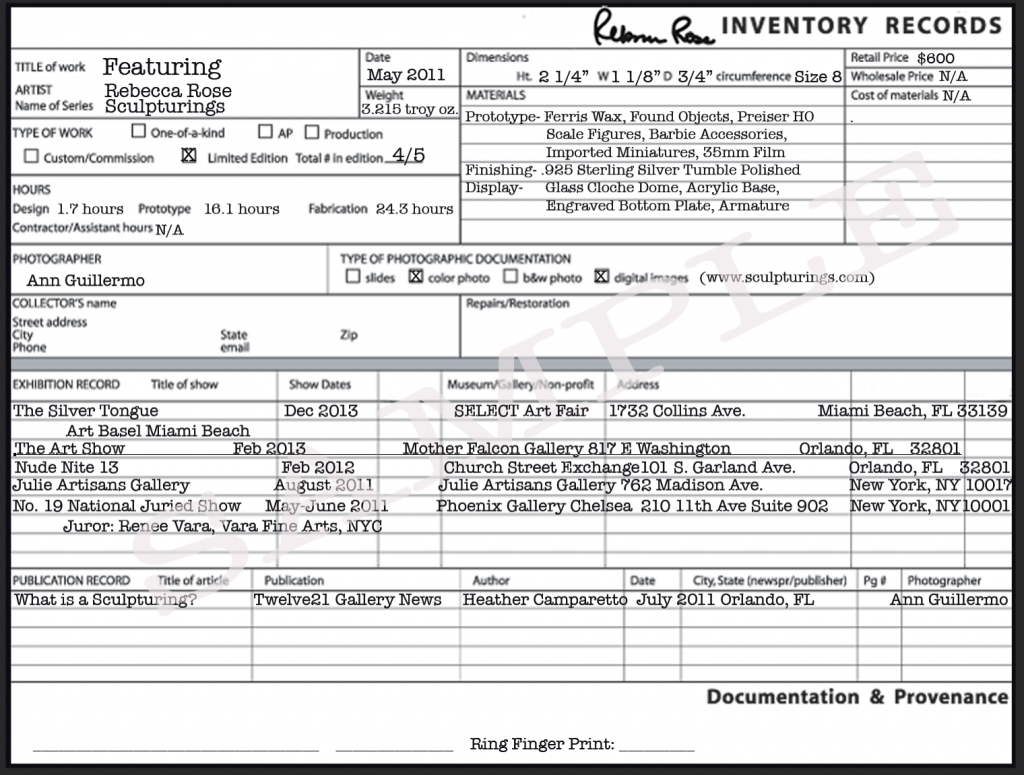 Sample inventory record from Rebecca Rose Sculpturings