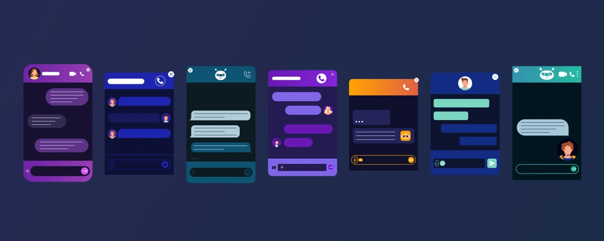 A collection of mobile app interface mockups in various colors, showcasing chat functionalities with user profile pictures and message bubbles.