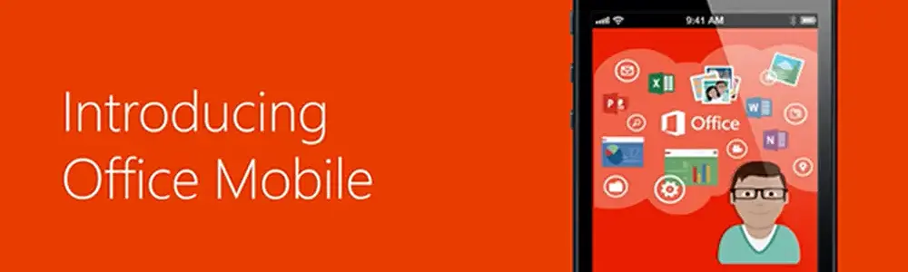 mobile phone showing Microsoft apps with text saying "introducing office mobile"