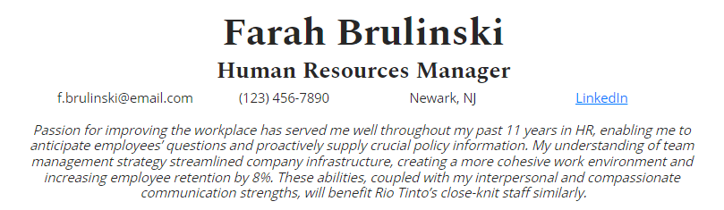 A resume summary for a human resources manager with 11 years of experience