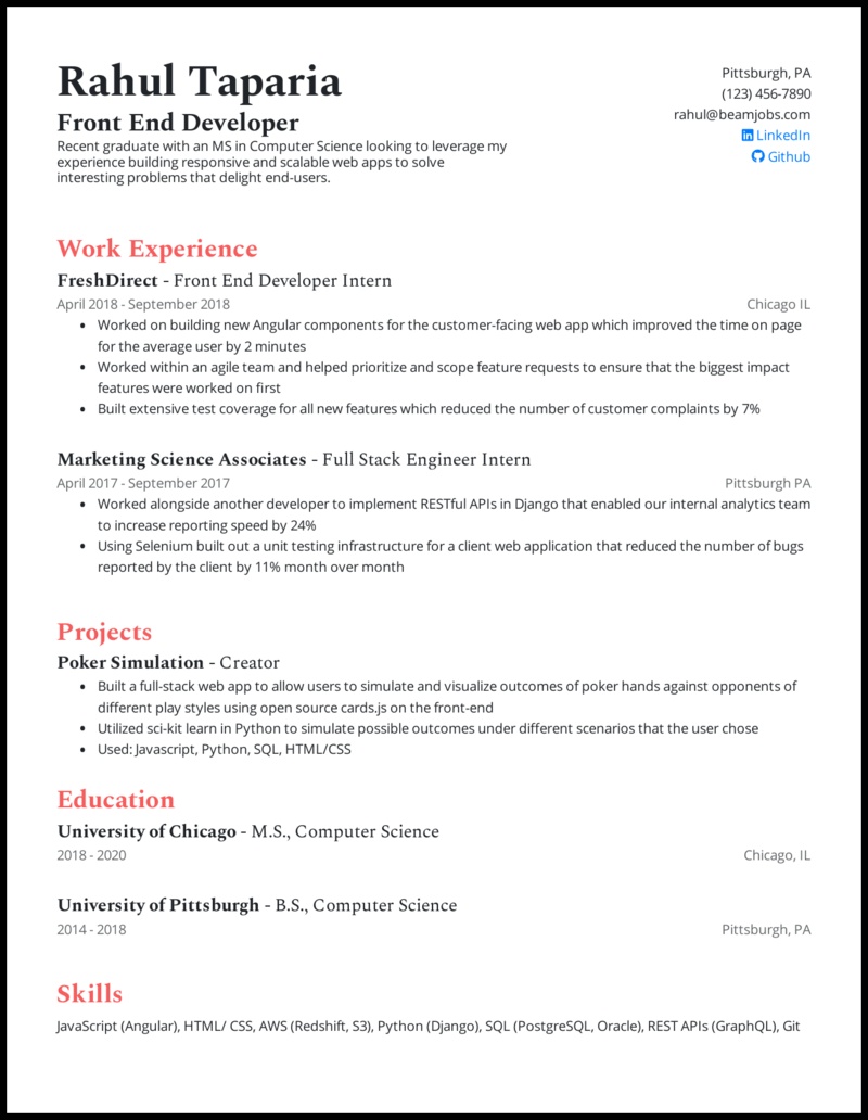 3 Front End Developer Resume Samples For 2021