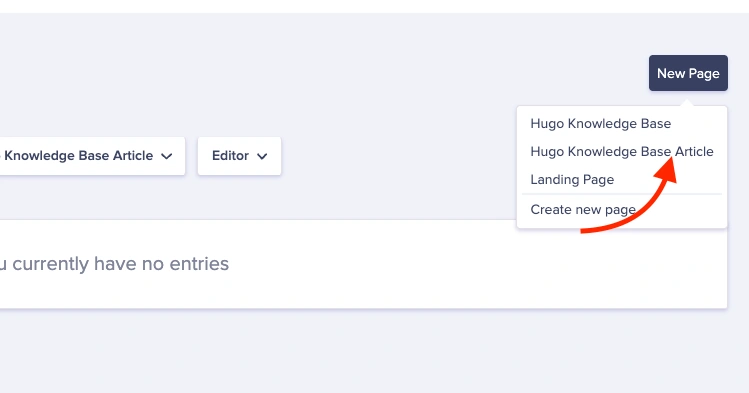 Select New Page button and then select Hugo Knowledge Base Article page