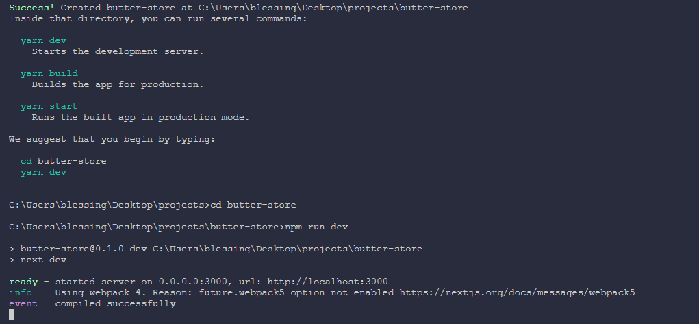 Screenshot: npm install Next.js and ButterCMS