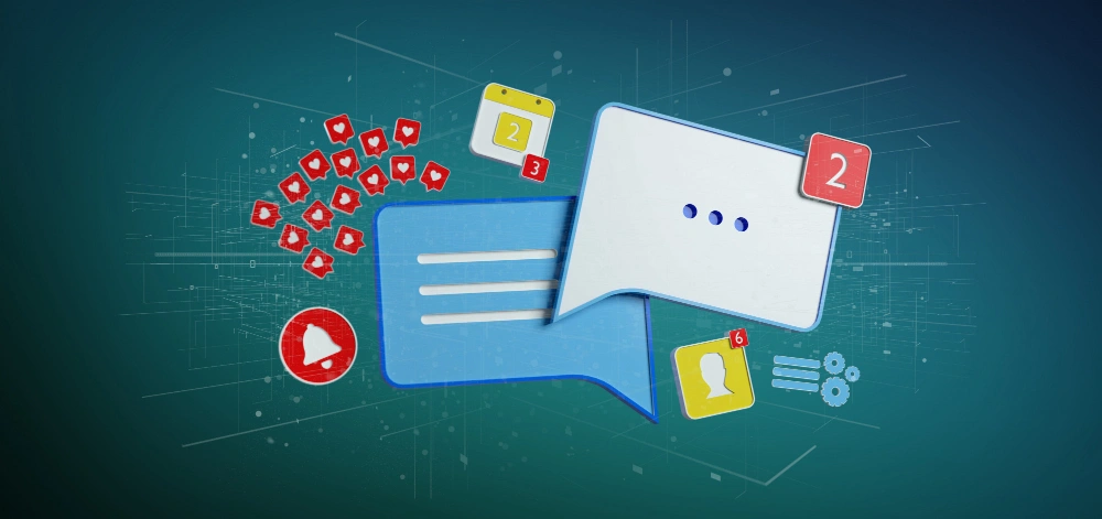 Image of a blue speech bubble surrounded by various social media notification icons, including likes, comments, and a play button, suggesting an active online communication or social media platform.