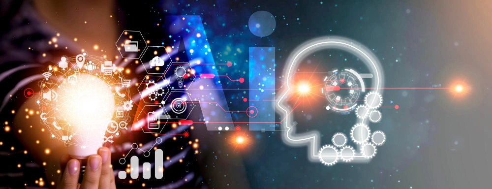A hand holding a glowing light bulb with digital icons and a silhouette of a human head with gears, symbolizing innovation and artificial intelligence.