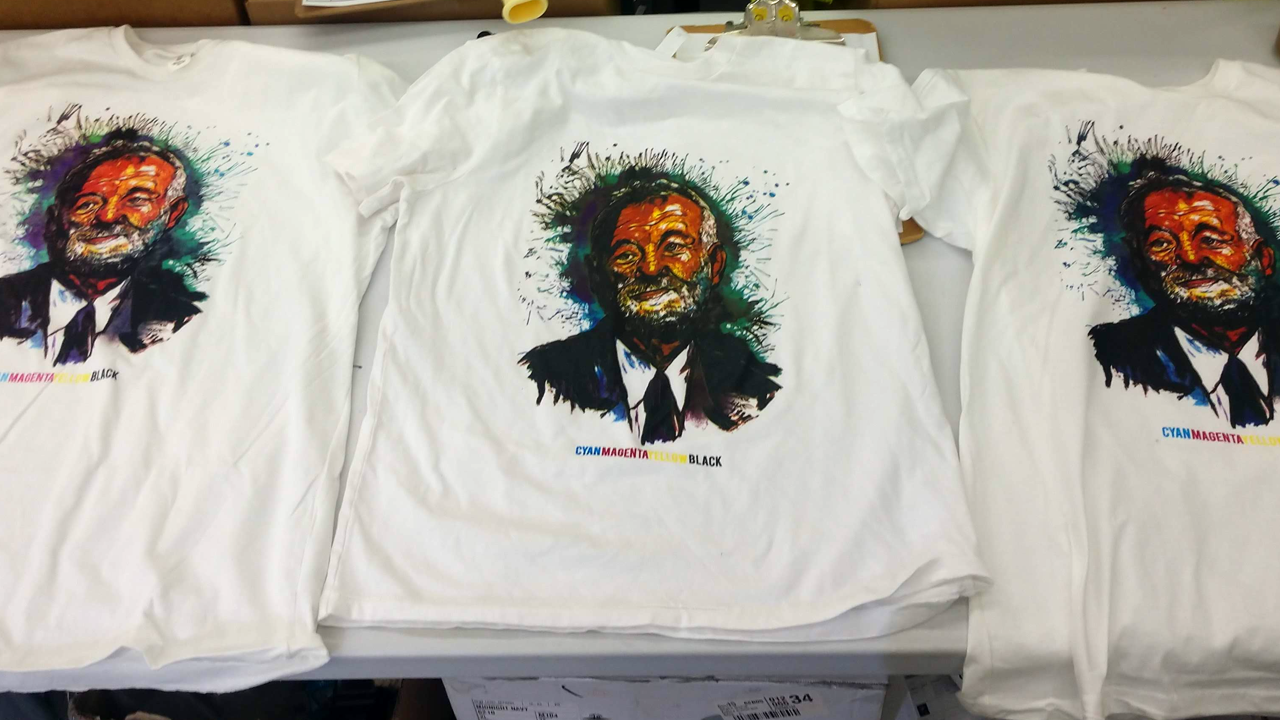 A CMYK screen print on a t-shirt with an illustration of Bill Murray's face.