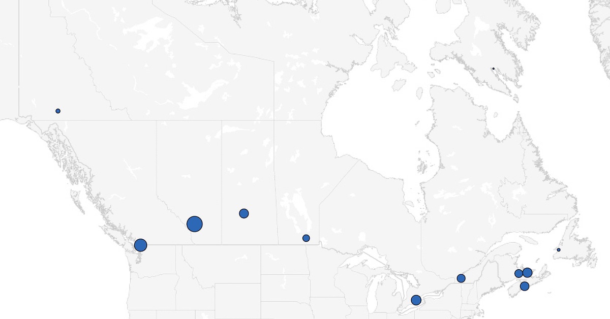 Dark blue dots on a map of Canada indicating the location of disc golf courses