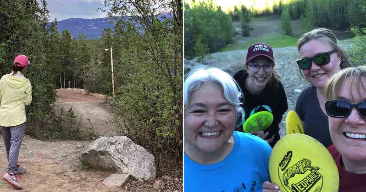 Two photos. Left: A woman watches her forehand do down a wooded fairway on a hill. Right: A group of women disc golfers smile for the camera on the course.