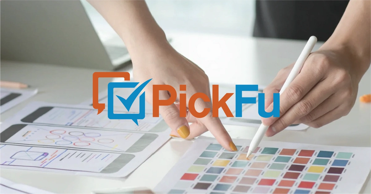 A photograph of some hands pointing at squares of color on 
                        a sheet of paper, with the PickFu logo superimposed over the top.