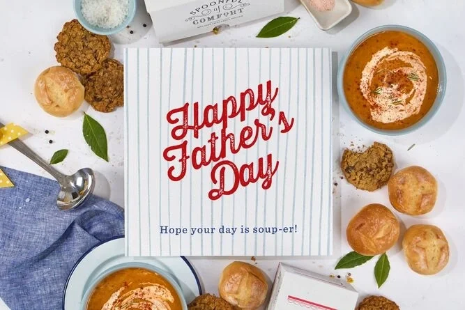 Father's Day Styled image with tomato soup, rolls and cookies.