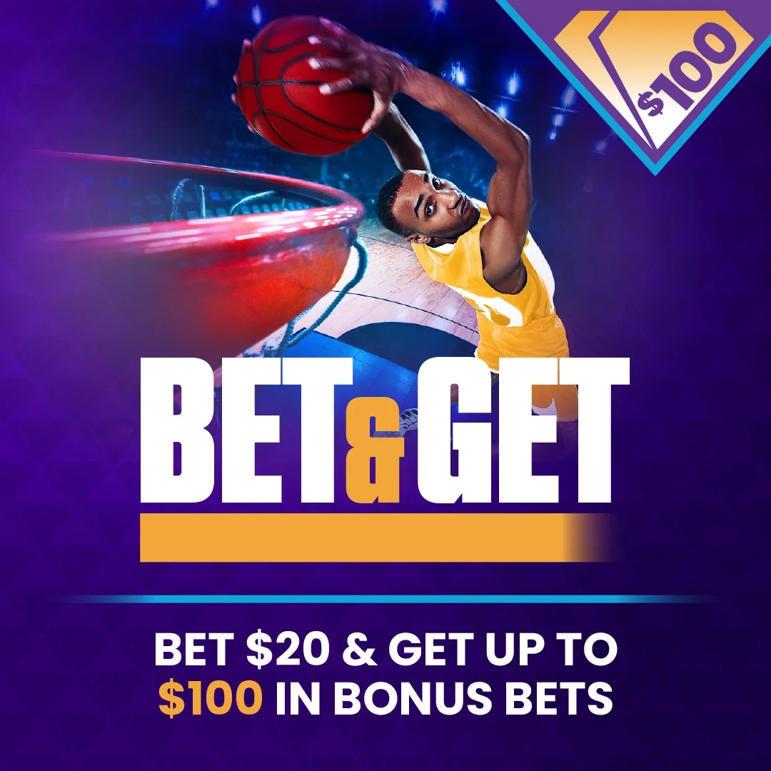 Basketball player dunking with &ldquo;Bet $20 & Get Up to $100 in Bonus Bets&rdquo; Desert Diamond Sportsbook promotion.