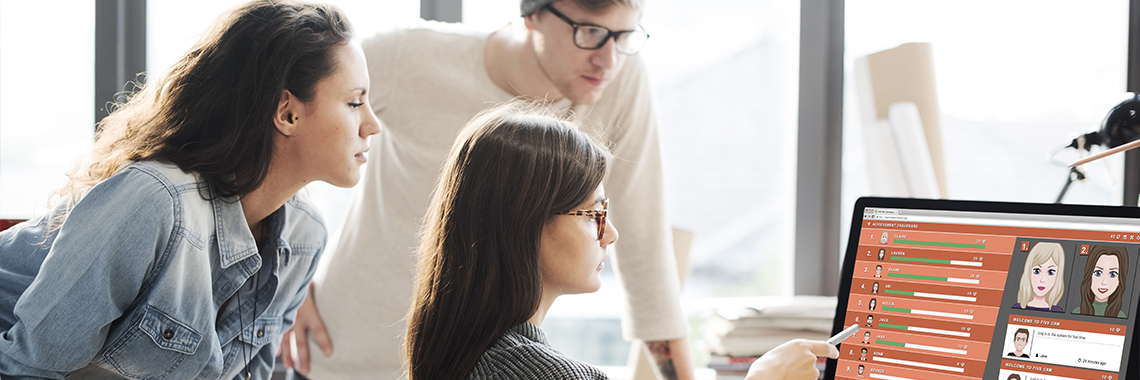 Three people looking at a customer profile.