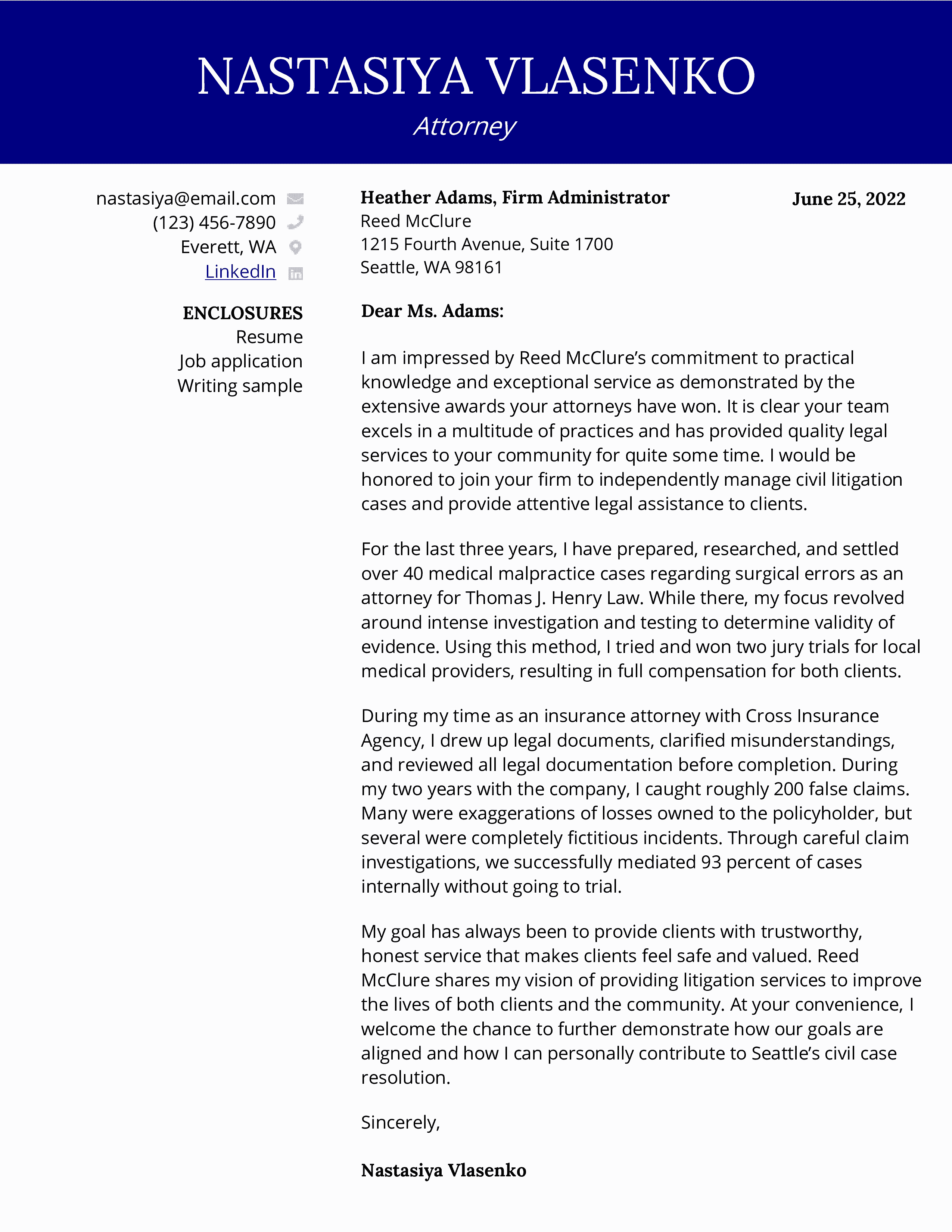 Attorney cover letter with blue header