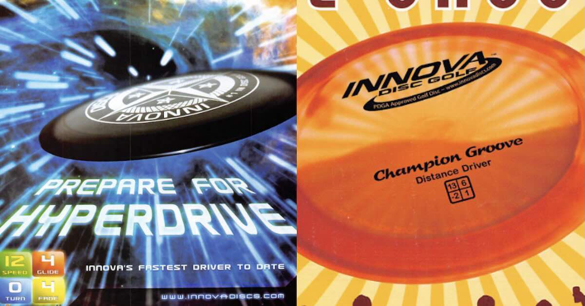 Two ads for disc golf discs, one black and one orange. Destroyer and Groove from Innova