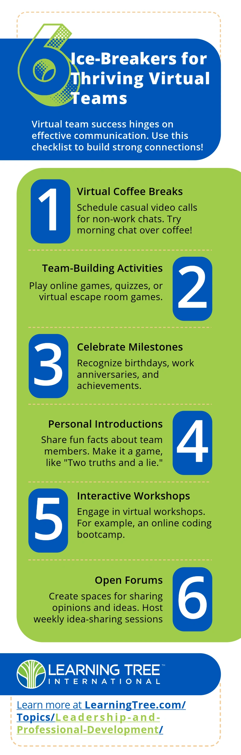 The image is a vertical infographic titled ‘6 Ice-Breakers for Thriving Virtual Teams.’ It features six numbered, colorful sections with icons and brief descriptions for each ice-breaker activity.