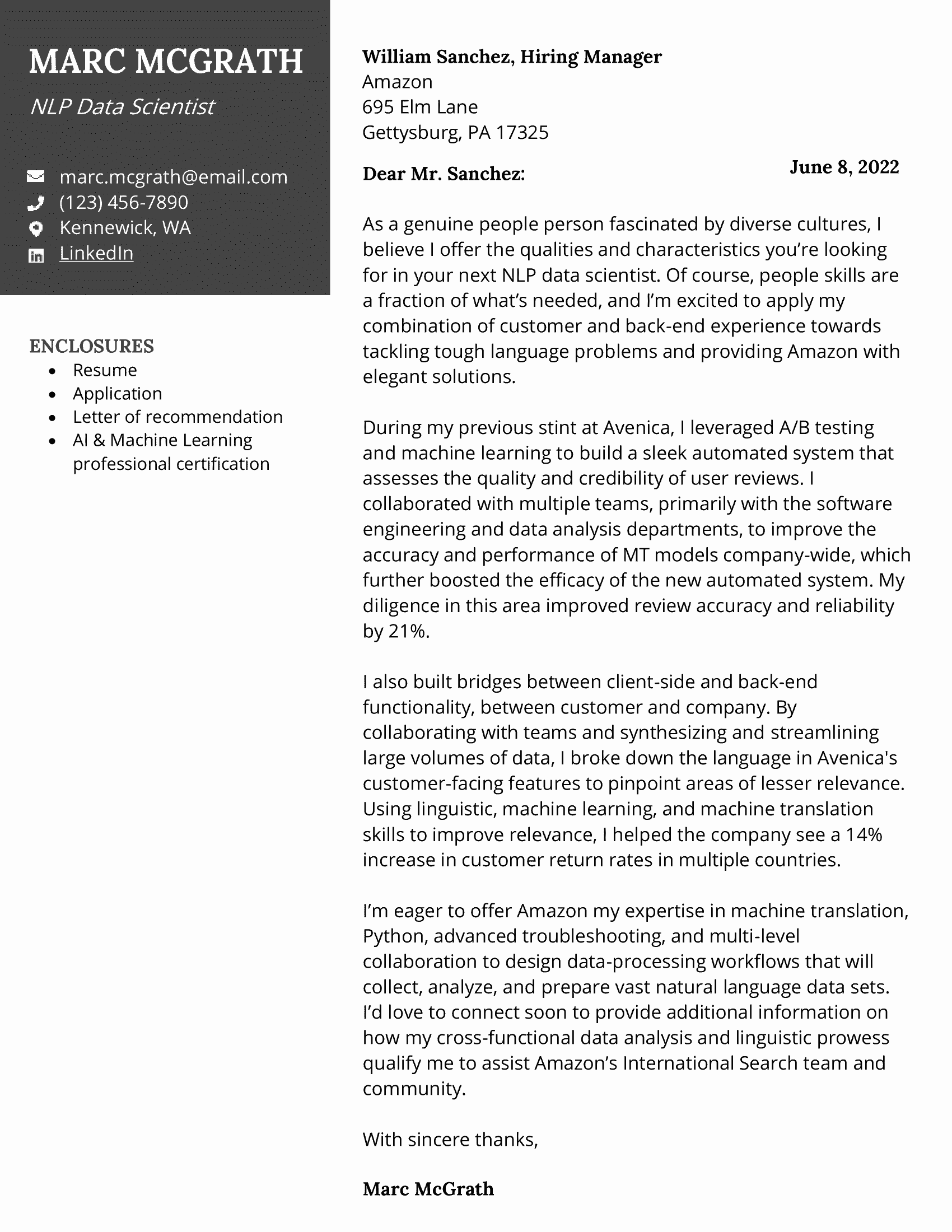 NLP data scientist cover letter with black contact header
