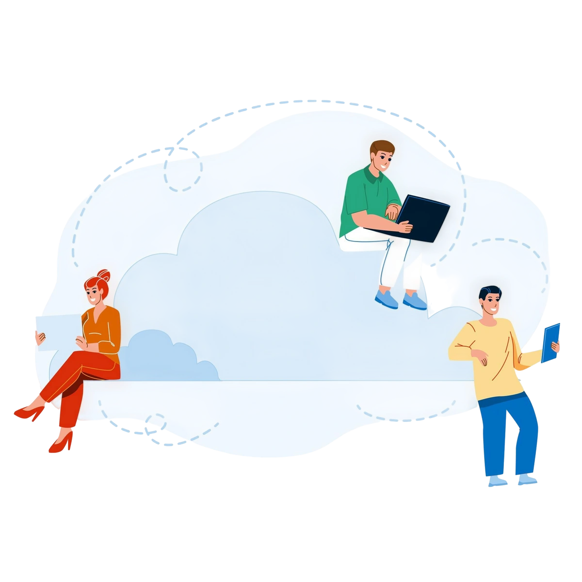 People working on devices connected via cloud network, symbolizing cloud collaboration.