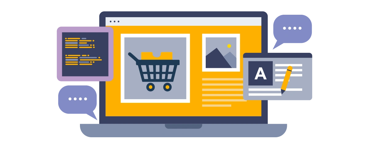 Ecommerce CMS, a cart on a laptop screen