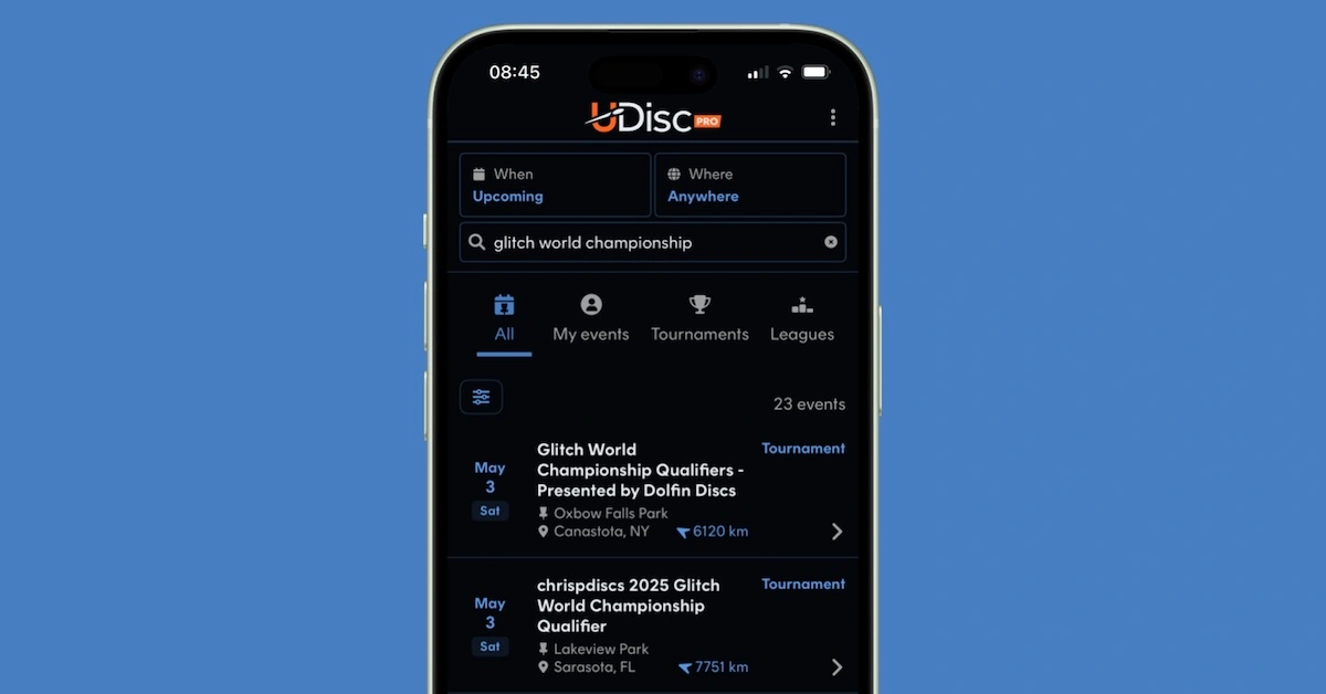 Phone on a blue background showing Glitch World Championship event listings in UDisc