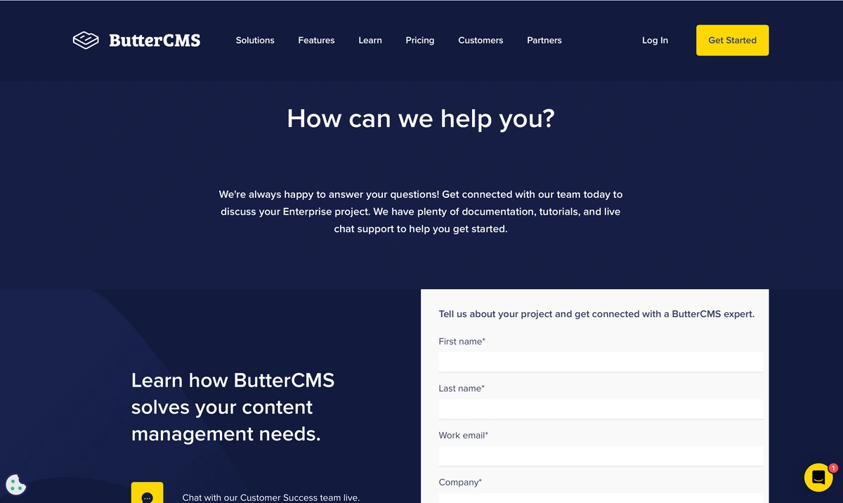 ButterCMS sales page and support chat bubble in bottom right corner
