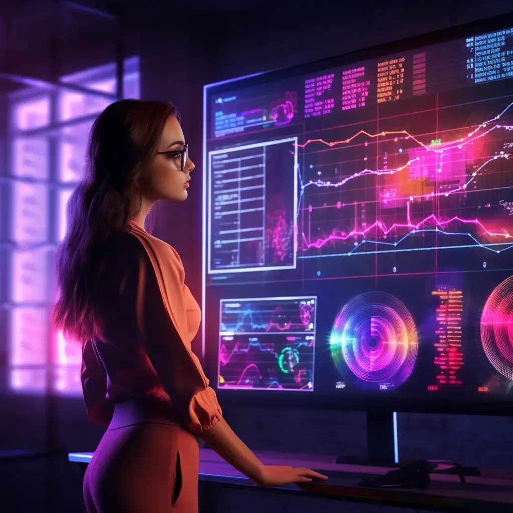 Sales manager analyzing performance metrics, futuristic dashboard, neon accents, high-tech vibe, crisp and clean layout.