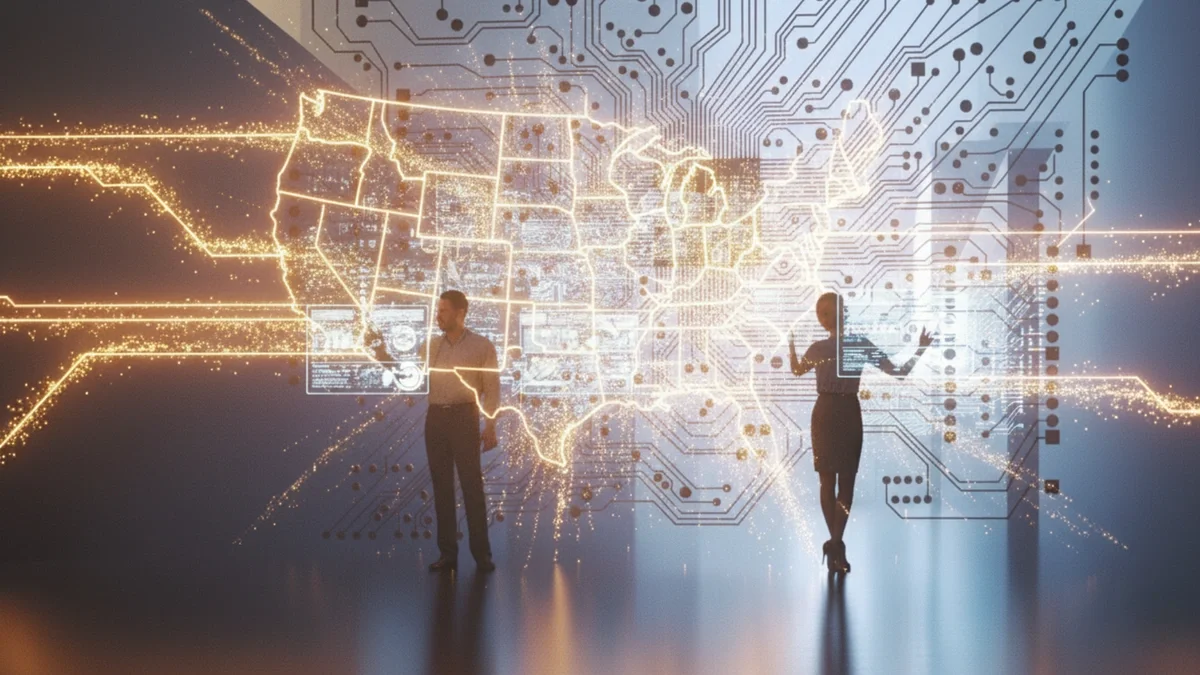 a map of the united states of america is rendered through eletric light while a man and a woman interact with digital dashboards within it
