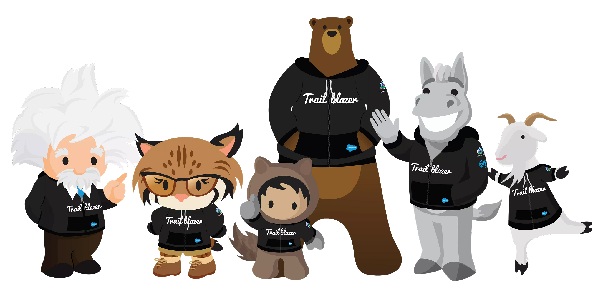 Einstein, Appy, Astro, Codey, Max, and Cloudy wearing Trailblazer hoodies and waving