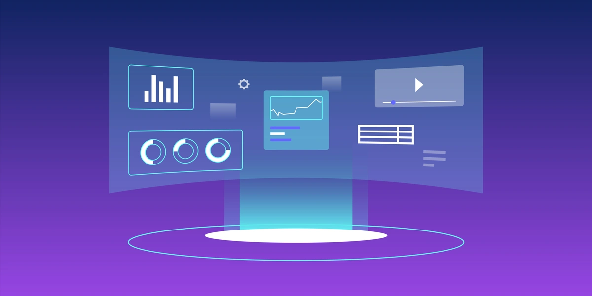 A graphic of a futuristic, holographic data dashboard with various charts and analytics displayed, representing high-tech data visualization in a virtual space.