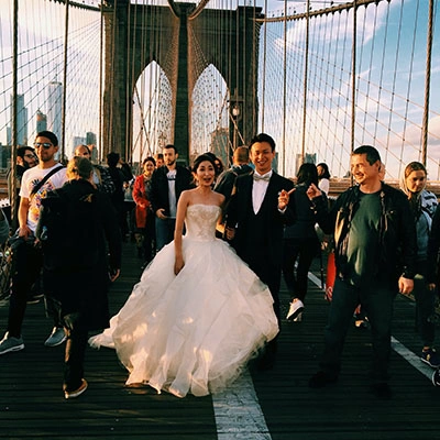 Bride and groom photo in public..