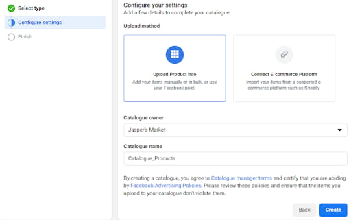 Facebook Product Catalogue settings