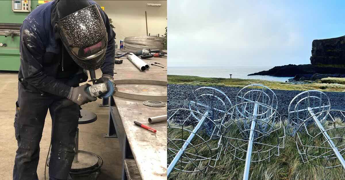 Two photos, one of a man buffing metal that will be a disc golf baket band and the other of three finished baskets