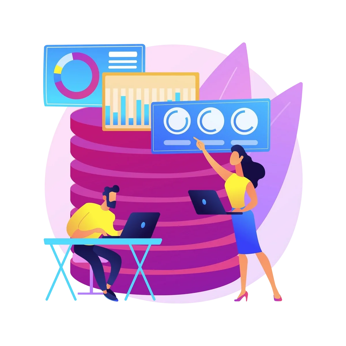 Two people using laptops with data charts and graphs displayed above large server stacks.