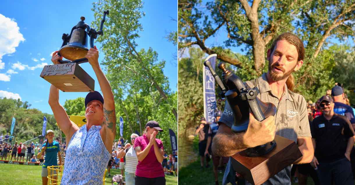 Photos of a man and a woman lovingly holding trophies after a disc golf tournament