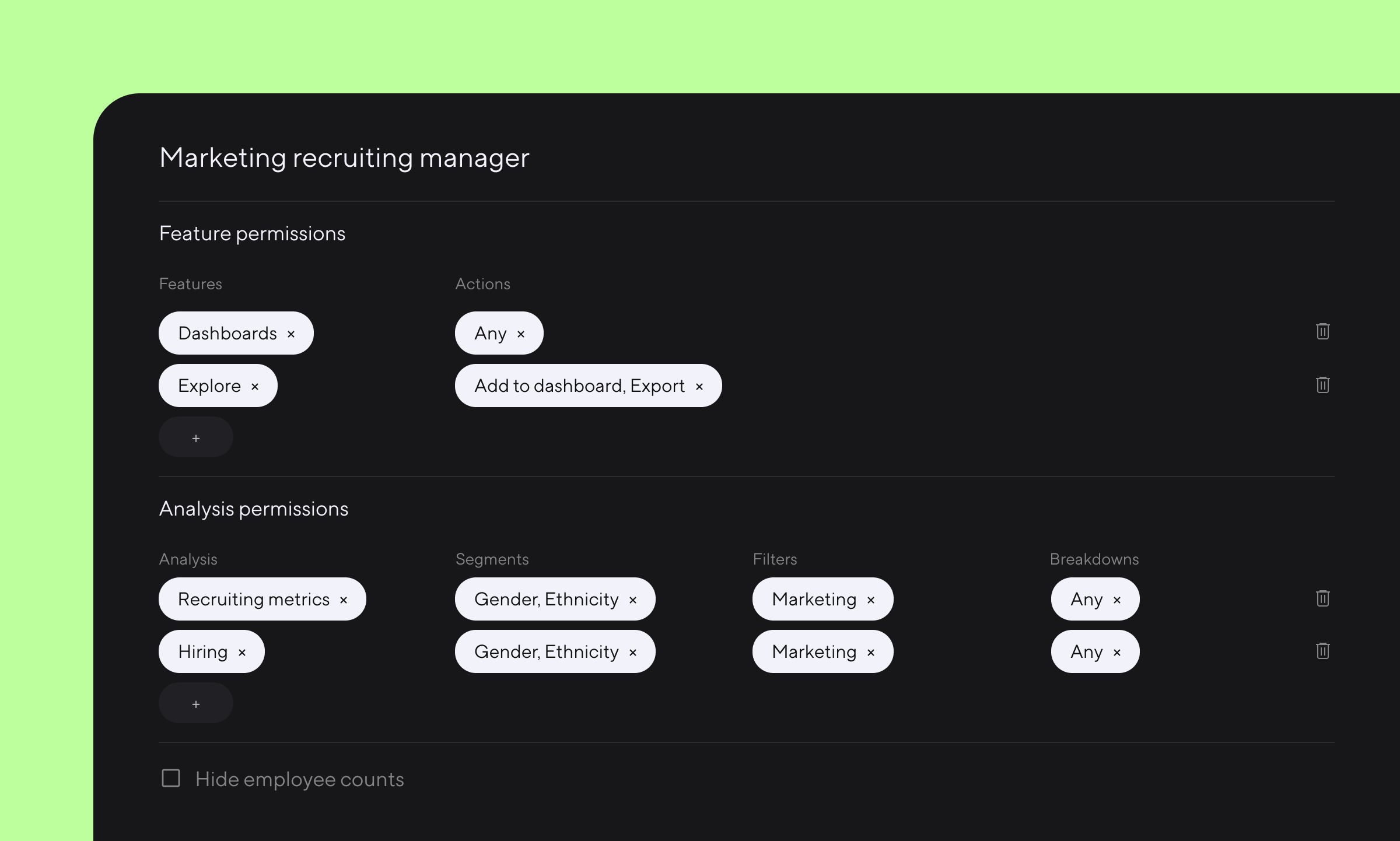 Screenshot of Dandi's roles and permissions interface for a marketing recruiting manager, showing access controls for feature permissions and analysis permissions.